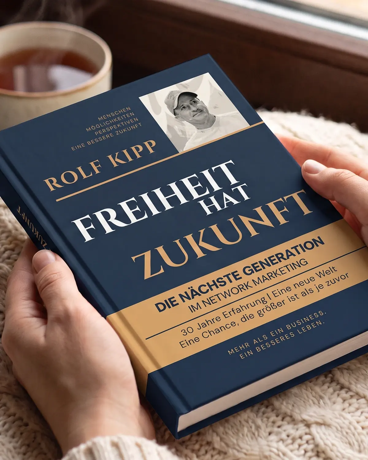 Hände halten das Buch „Freiheit hat Zukunft“ im Morgenlicht
