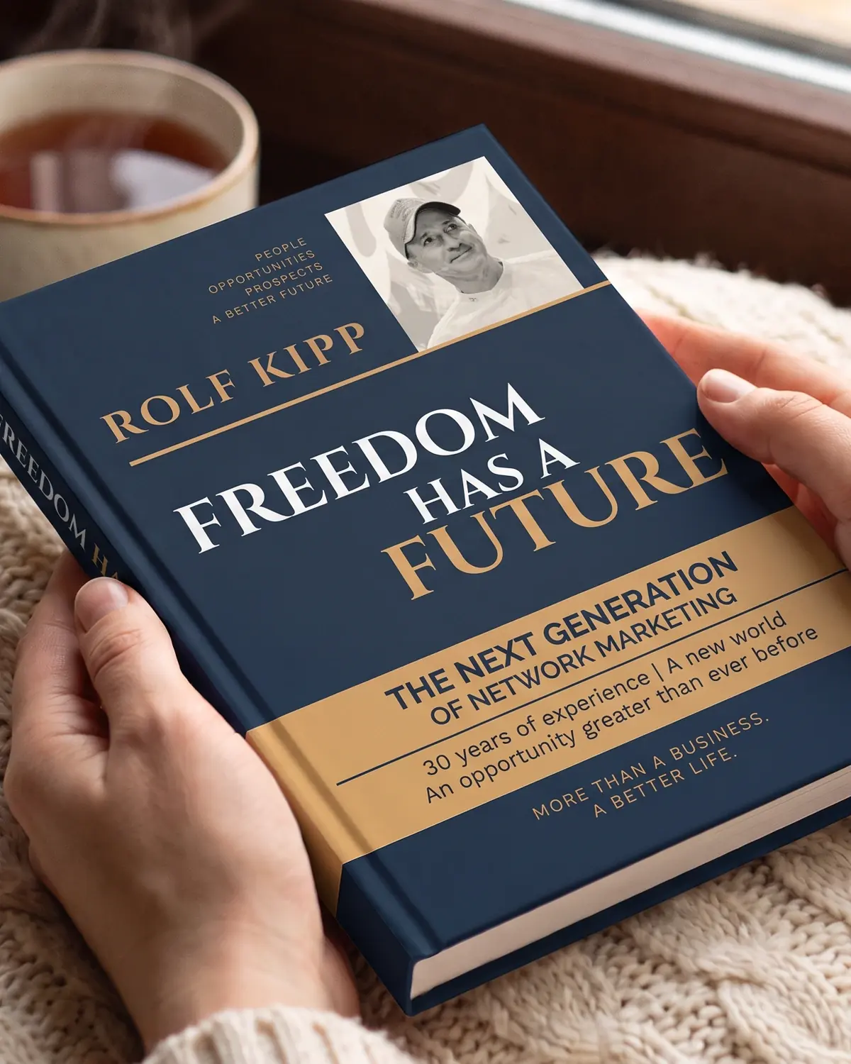 Hands holding the book Freedom Has a Future in morning light