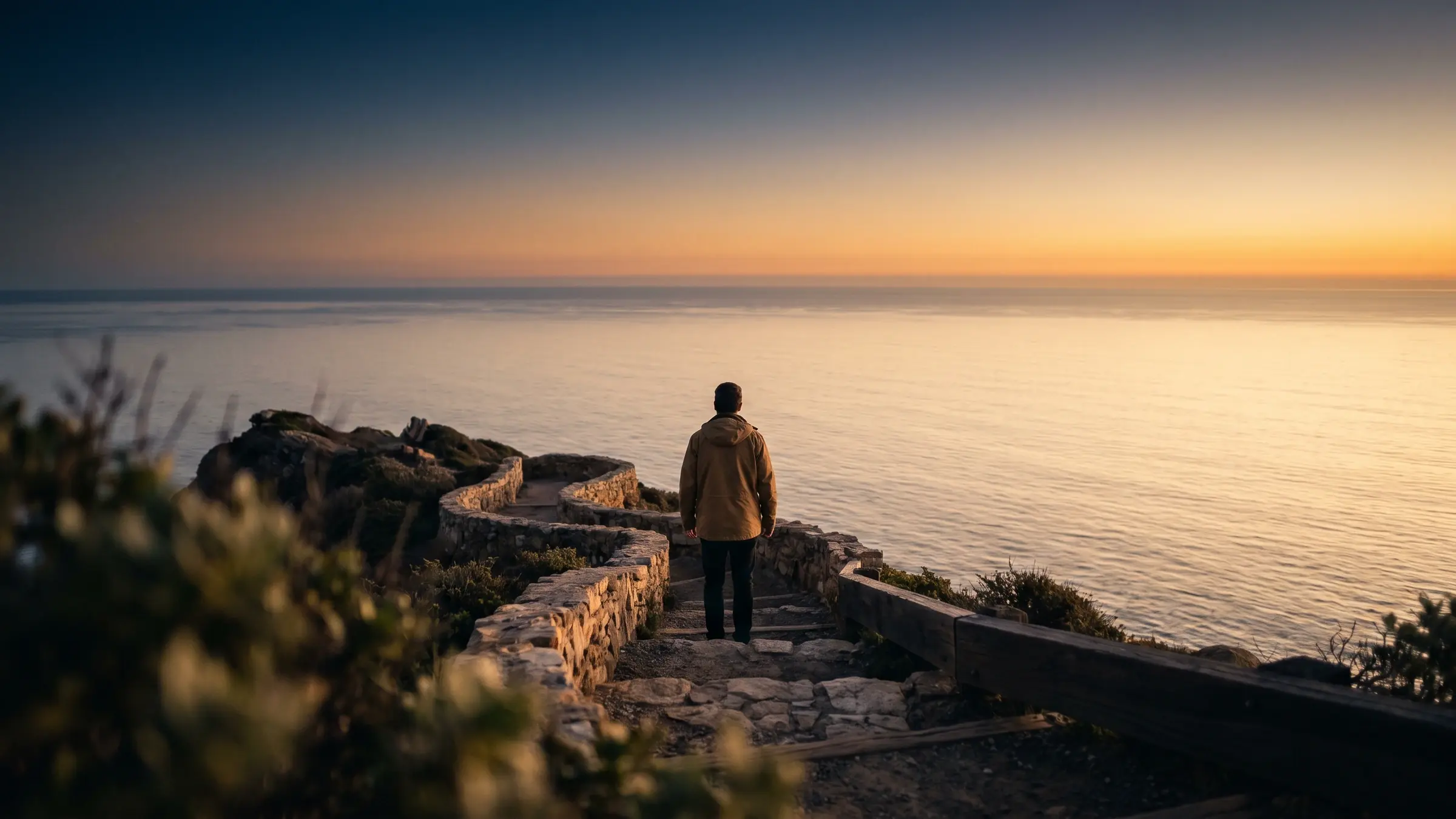 Ein Mensch blickt bei Sonnenuntergang über das weite Meer