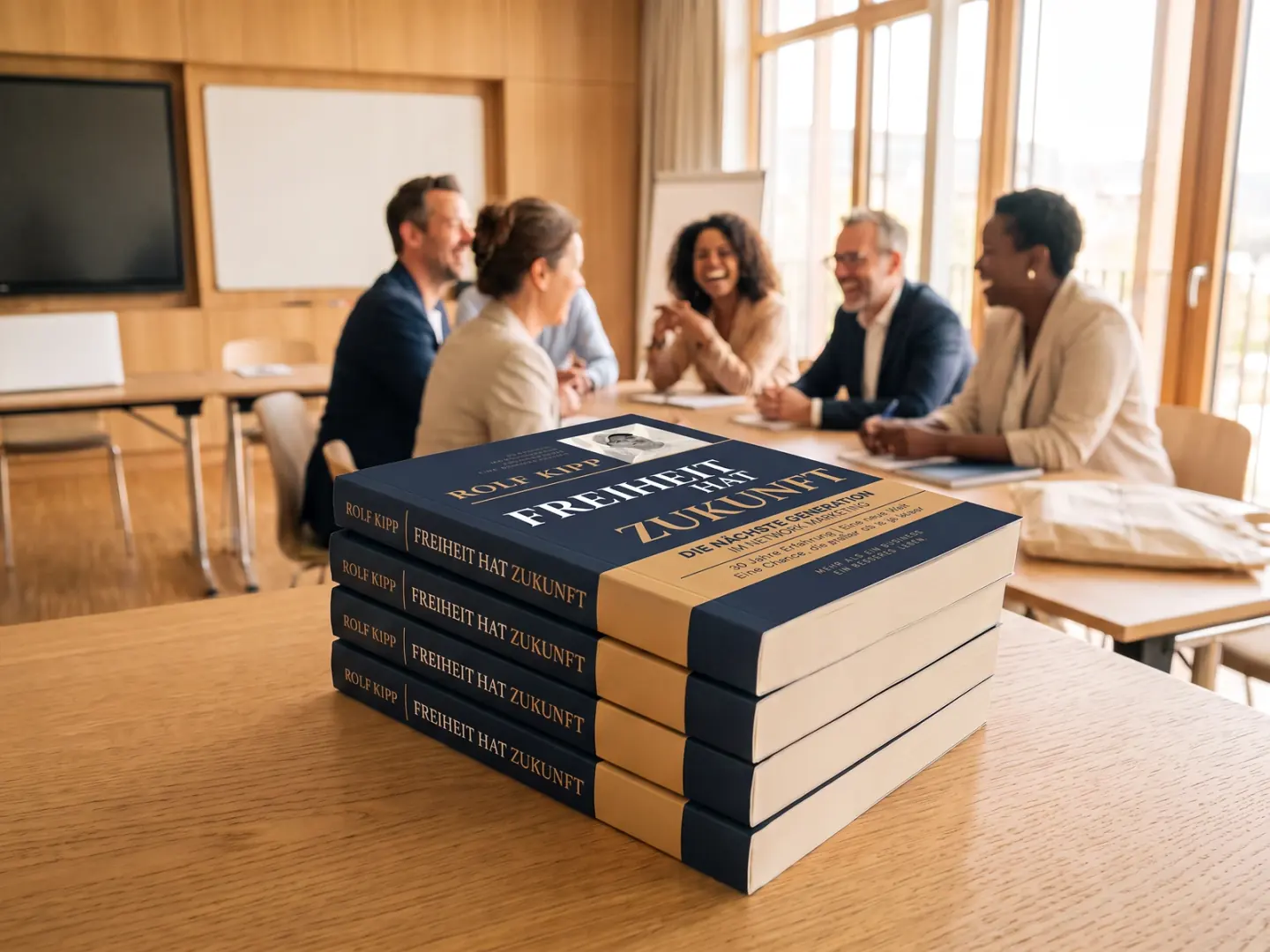 Ein Stapel „Freiheit hat Zukunft“ auf einem Seminartisch, im Hintergrund ein Team