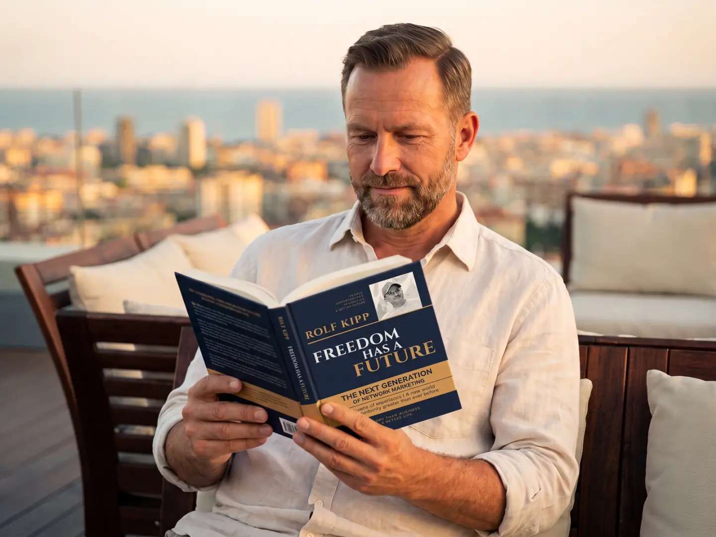A man reading Freedom Has a Future on a rooftop terrace at sunset